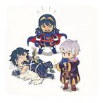  2boys armor blue_eyes blue_hair blush cape chibi falchion_(fire_emblem) father_and_daughter fire_emblem fire_emblem:_kakusei fire_emblem_cipher gloves krom long_hair lucina male_my_unit_(fire_emblem:_kakusei) multiple_boys my_unit_(fire_emblem:_kakusei) short_hair smile tears white_background white_hair 