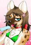  aoi_takayuki bikini bow choker colorized crossdressing furry hair_clip hyena ice_cream long_hair naughty_face tongue tongue_out 