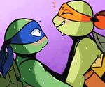  2017 anthro bandanna biting_lip blue_eyes blush duo eyes_closed freckles incest inkyfrog leonardo_(tmnt) male male/male mask michelangelo_(tmnt) purple_background reptile scalie shell side_view simple_background sweat teenage_mutant_ninja_turtles turtle 