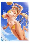  :d absurdres animal_ears arm_up armpits bare_legs barefoot bikini blonde_hair blue_sky bouncing_breasts breasts covered_nipples day eyebrows_visible_through_hair fang front-tie_bikini front-tie_top green_eyes highres huge_breasts jumping kotora_(toranoana) kure_masahiro long_hair low_ponytail navel non-web_source one-piece_tan open_mouth outdoors scan side-tie_bikini sky smile solo spread_toes sweat swimsuit tail tan tanline tiger_ears tiger_tail toranoana volleyball volleyball_net yellow_bikini 