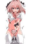  astolfo_(fate) black_bow bottomless bow braid censored character_censor fate/apocrypha fate/grand_order fate_(series) hair_ribbon heart heart-shaped_pupils hibimegane highres male_focus nipples novelty_censor otoko_no_ko pink_hair purple_eyes ribbon single_braid symbol-shaped_pupils thighhighs 
