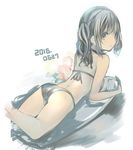  2016 ass bangs bikini blue_eyes blush commentary_request dated eyebrows_visible_through_hair grey_hair light_smile long_hair looking_at_viewer lying on_stomach original parted_lips rayvon sidelocks silver_bikini solo swimsuit thighs 