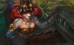  anthro blue_eyes breasts chest_wraps claws deadro female fur headdress looking_at_viewer macuahuitl melee_weapon solo south_american tattoo weapon white_fur wraps 