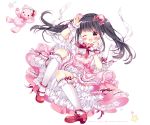  1girl ;d animal_ears arm_up bangs bear_ears black_eyes black_hair bloomers blush bow bowtie character_name commentary_request dress frilled_dress frilled_legwear frilled_sleeves frills full_body hair_bow hand_up kneehighs knees_up layered_dress lolita_fashion long_hair looking_at_viewer one_eye_closed open_mouth petticoat pinafore_dress pink_dress puffy_short_sleeves puffy_sleeves puu_(kari---ume) real_life red_bow red_footwear ribbon-trimmed_legwear ribbon-trimmed_sleeves ribbon_trim shoe_bow shoes short_sleeves sidelocks simple_background smile solo star stuffed_animal stuffed_toy sweet_lolita takenaka_nozomi teddy_bear twintails twitter_username typo underwear white_background white_legwear wrist_cuffs 