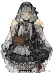  ;d bangs basket black_dress black_skirt blush commentary_request cowboy_shot dated dress grey_eyes grey_hair hand_up holding holding_basket long_hair looking_at_viewer one_eye_closed open_mouth original rayvon sketch skirt smile solo teeth veil 