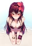  beach bikini blush bracelet breasts cleavage closed_mouth fate/grand_order fate_(series) flower from_above frown hair_between_eyes hair_flower hair_ornament hands_on_own_thighs highres hplay jewelry leg_garter long_hair looking_at_viewer medium_breasts navel outdoors purple_bikini purple_hair red_eyes scathach_(fate)_(all) scathach_(swimsuit_assassin)_(fate) seiza sitting solo swimsuit very_long_hair 