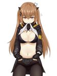  3: anger_vein ass_visible_through_thighs bangs bikini black_bikini black_gloves black_legwear black_skirt breasts cleavage closed_mouth commentary cowboy_shot eyebrows_visible_through_hair fingerless_gloves flying_sweatdrops girls_frontline gloves hair_between_eyes hair_ornament hairclip highres jacket large_breasts long_hair looking_at_viewer mouth_hold open_clothes open_jacket pantyhose pleated_skirt purple_eyes sidelocks simple_background sinensian skirt skirt_lift solo swimsuit twintails ump9_(girls_frontline) white_background 