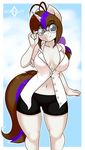 2017 anthro blue_eyes breasts clothed clothing equine eyewear fan_character female glasses hair hi_res horn kloudmutt long_hair looking_at_viewer mammal multicolored_hair multicolored_tail my_little_pony navel shirt shorts smile solo two_tone_hair unicorn 