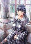  ahoge alternate_costume black_hair breasts brown_eyes collarbone covered_nipples dress eye_reflection highres huge_ahoge kantai_collection kantori large_breasts long_hair looking_at_viewer plaid plaid_dress puffy_sleeves reflection smile solo sunlight ushio_(kantai_collection) v_arms window 