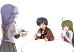  ahoge black_eyes black_hair braid commentary cup green_hair hairband holding kantai_collection long_hair misumi_(niku-kyu) mogami_(kantai_collection) multiple_girls school_uniform serafuku short_hair silver_hair simple_background single_braid steam suspenders tea teacup teapot twitter_username white_background yamagumo_(kantai_collection) yuugumo_(kantai_collection) 