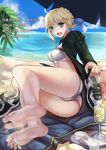  1girl ahoge barefoot beach bikini blonde_hair blush fate/grand_order fate_(series) feet glass green_eyes hair_ribbon holding_shoes jacket looking_at_viewer open_mouth saber shoes_removed socks_removed soles solo_(artist) steam sweat toes translated 