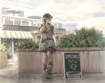  adjusting_hair awning baseball_cap black_hair blurry boots bubble_blowing cafe chewing_gum cloud collarbone day depth_of_field hand_up hat highres long_hair looking_to_the_side original outdoors plant profile shorts sign sky solo tantu_(tc1995) twilight 