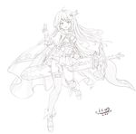  :d ahoge aisuuwan bad_id bad_pixiv_id bird_hair_ornament blush cape dated garter_straps gloves granblue_fantasy_(style) greyscale hair_ornament hairclip highres leg_belt long_hair monochrome open_mouth original sheath shoes sketch skirt smile standing standing_on_one_leg sword v weapon 