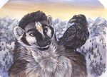  2017 ambiguous_gender anthro avian badger bird black_and_white_fur black_hair corvid feral hair male mammal mustelid outside raven sabretoothed_ermine snow winter 
