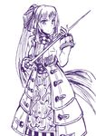  &gt;:) ascot bow coat dress fencer_(tree_of_savior) hair_bow highres long_hair monochrome noihara_himari omamori_himari ponytail rapier sketch smile solo sword tree_of_savior v-shaped_eyebrows very_long_hair weapon yokura_(yukilina) 