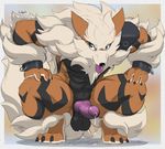  3_toes animal_genitalia animal_penis anthro anthrofied arcanine balls big_muscles black_balls black_markings brown_background brown_fur canine_penis claws crouching erection front_view fur green_eyes knot looking_away male markings multicolored_fur muscular muscular_male nintendo orange_fur penis pok&eacute;mon precum red_penis saggy_balls simple_background solo toes vein veiny_penis video_games white_fur zerofox1000 