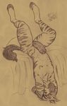  2010 anthro bed biped brown_background equine freckles_(artist) full-length_portrait fur hair hooves humanoid_penis male mammal monochrome nipples nude pencil_(artwork) penis pillow portrait sepia signature simple_background snout solo striped_fur stripes stripes_(character) traditional_media_(artwork) uncut upside_down zebra 