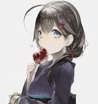  ahoge bangs black_hair blue_eyes blue_kimono candy_apple drawr food hair_between_eyes hair_flaps hair_ornament hand_up heart holding holding_food japanese_clothes kantai_collection kimono looking_at_viewer obi rayvon remodel_(kantai_collection) sash shigure_(kantai_collection) side_ponytail simple_background solo upper_body white_background 