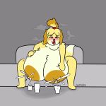  2018 animal_crossing anthro areola big_breasts big_lips blush breasts canine digital_media_(artwork) dog female fluffylips fur hair hi_res huge_breasts isabelle_(animal_crossing) lactating lips lipstick makeup mammal milk nintendo nipples nude red_lips simple_background solo thick_thighs video_games white_fur yellow_fur 