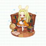  argyle argyle_background book book_stack bookshelf bow chibi dress full_body gen_2_pokemon globe green_footwear green_hair hair_bow holding holding_book kasuka108 long_hair noctowl open_book orange_dress personification pokemon red_eyes shoes smile solo sparkle standing white_legwear 