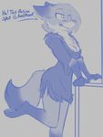  2017 anthro breasts canine carver_(twokinds) chest_tuft cleavage clothed clothing crossgender dialogue dipstick_tail dress english_text female fox gloves_(marking) half-closed_eyes infinitedge2u keidran mammal markings monochrome multicolored_tail sketch smile smirk solo text tuft twokinds 