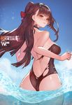  ass bare_back bow breasts brown_eyes brown_hair bullpup girls_frontline gun hair_bow highleg highleg_swimsuit highres instant_ip large_breasts lips long_hair looking_at_viewer looking_back purple_hair rifle sniper_rifle solo swimsuit torn_clothes torn_swimsuit wa2000_(girls_frontline) walther walther_wa_2000 water weapon 