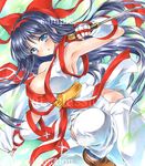  ainu_clothes armpits artist_name at_classics bangs blue_eyes blue_hair blush bow breasts brown_footwear dutch_angle eyebrows_visible_through_hair fingerless_gloves gloves hair_bow hairband hip_vent holding holding_knife holding_weapon knife large_breasts long_hair looking_at_viewer nakoruru parted_lips red_bow red_hairband sample samurai_spirits shoes short_sleeves solo traditional_media watermark weapon 