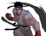  bad_id bad_pixiv_id black_hair brown_eyes dougi fighting_stance fingerless_gloves gloves headband highres karate_gi looking_at_viewer male_focus martial_arts_belt muscle punching red_gloves red_headband ryuu_(street_fighter) standing street_fighter street_fighter_v tv_(dvtoro229) 