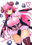  :o black_leotard blue_eyes breasts commentary_request corset cowboy_shot demon_girl demon_horns demon_tail demon_wings frills hand_on_own_chest heart highres horns large_breasts leotard long_hair looking_at_viewer nikaidou_kou original pink_hair pointy_ears simple_background solo standing tail thighhighs translation_request white_background wings 
