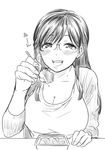  :d bangs blush breasts cardigan cleavage commentary_request dot_nose feeding fingernails food glasses greyscale hand_on_table holding holding_spoon large_breasts long_hair monochrome nikaidou_kou open_cardigan open_clothes open_mouth original pov_feeding shirt simple_background sitting sketch smile solo spoon white_background 