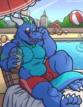  anthro ball beach_ball beverage building bulge city clothed clothing crazy-go-lucky_(artist) dragon eyewear horn male mall muscular muscular_male reclining sky slightly_chubby sunglasses swimming_pool swimming_trunks swimsuit topless 