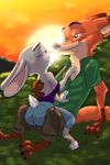  2017 akiric anthro barefoot butt canine chest_tuft clothed clothing disney duo eye_contact female fox furgonomics grass hand_on_back hand_on_chest judy_hopps lagomorph male male/female mammal nick_wilde off_shoulder on_lap outside rabbit romantic_couple sitting sitting_on_lap sky smile sun sunset tail_clothing tuft zootopia 