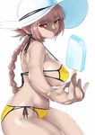  bangs bikini braid breasts chaldea_lifesavers closed_mouth eyebrows_visible_through_hair fate/grand_order fate_(series) florence_nightingale_(fate/grand_order) food foreshortening fujitsubo_(hujitubo0731) halterneck hat highres large_breasts light_smile long_hair looking_at_viewer multi-strapped_bikini navel outstretched_arm pink_hair popsicle red_eyes side-tie_bikini sideboob simple_background single_braid sitting solo strap_gap sun_hat swimsuit white_background yellow_bikini 