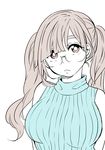  :&lt; bangs bare_shoulders breasts brown_hair close-up commentary_request dress glasses head_tilt large_breasts looking_at_viewer nikaidou_kou original pink_hair pink_sweater simple_background solo sweater sweater_dress thick_eyebrows turtleneck turtleneck_sweater twintails white_background 