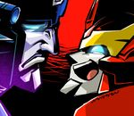  autobot blue_eyes decepticon glowing glowing_eyes head_only ichira-san machine machinery mecha multiple_boys no_humans open_mouth overlord_(transformers) personification red_background robot rodimus smile transformers 