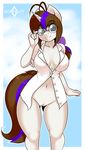  2017 anthro blue_eyes bottomless breasts clothed clothing equine eyewear fan_character female glasses hair hi_res horn kloudmutt long_hair looking_at_viewer mammal multicolored_hair multicolored_tail my_little_pony navel pussy shirt smile solo two_tone_hair unicorn 
