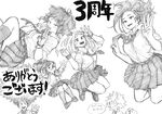  6+girls :&gt; :d ^_^ anniversary ashido_mina asui_tsuyu boku_no_hero_academia bracelet closed_eyes commentary earplugs freckles greyscale hagakure_tooru half-closed_eyes highres horikoshi_kouhei horns invisible jewelry jirou_kyouka long_hair looking_at_viewer midoriya_izuku monochrome multiple_girls necktie open_mouth pleated_skirt ponytail school_uniform short_hair short_sleeves simple_background sketch skirt smile speech_bubble translated u.a._school_uniform uraraka_ochako v wavy_hair white_background wristband yaoyorozu_momo 