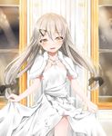  bangs blush collarbone commentary_request cowboy_shot dress earrings eyebrows_visible_through_hair girls_frontline grey_hair hair_between_eyes hair_ornament hairclip highres indoors jewelry long_hair looking_at_viewer mg4_(girls_frontline) niie open_mouth silver_hair skirt_hold smile solo white_dress yellow_eyes 