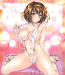  artist_name at_classics bangs bare_arms bare_legs blush breasts brown_eyes brown_hair closed_mouth covered_nipples eyebrows_visible_through_hair groin hairband hand_on_own_leg large_breasts looking_at_viewer navel orange_hairband sample short_hair sitting slingshot_swimsuit smile solo stomach suzumiya_haruhi suzumiya_haruhi_no_yuuutsu swimsuit traditional_media wariza watermark 