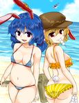  :d adapted_costume afterimage animal_ears arm_at_side arm_behind_back arm_up arms_at_sides ass back back-to-back bare_arms bare_shoulders beach bikini blonde_hair blue_hair blue_sky breasts bunny_ears cloud collarbone cowboy_shot dango day dimples_of_venus dress ear_clip eating eyebrows_visible_through_hair flat_cap floppy_ears food hair_between_eyes hat holding holding_food jacket kine kishin_sagume long_hair looking_at_viewer looking_back medium_breasts micro_bikini mouth_hold multiple_girls navel ocean open_clothes open_jacket open_mouth outdoors purple_dress red_eyes ringo_(touhou) seiran_(touhou) short_hair shoulder_blades sideboob single_wing skindentation sky smile stomach swimsuit touhou twintails upside-down wagashi white_wings wings zetsumame 