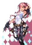  :d absurdres arm_strap arm_up armpits black_gloves black_legwear blue_eyes breasts cleavage copyright_request covered_navel dual_wielding gloves gun hair_ornament hair_stick highres holding holster juesnow kunai leotard long_hair looking_at_viewer medium_breasts open_mouth pink_hair ponytail sidelocks simple_background smile solo standing standing_on_one_leg submachine_gun thigh_holster thigh_strap weapon 