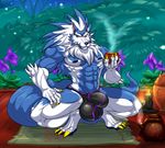  2017 5_fingers abs anthro beverage biceps blue_hair blue_nose blue_skin bulge canine claws clothing crouching darkstalkers eyebrows hair hand_on_thigh holding_object hungothenomster jon_talbain male mammal multicolored_hair multicolored_skin muscular nipples sharp_teeth solo tea teeth tight_underwear underwear video_games were werewolf white_hair white_skin wolf yellow_eyes 