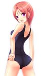  ass cowboy_shot from_behind hand_on_hip ki_(kk-sk-ray) looking_at_viewer looking_back old_school_swimsuit one-piece_swimsuit open_mouth original purple_eyes red_hair school_swimsuit short_hair simple_background solo standing swimsuit white_background 