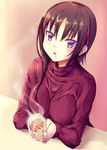  black_hair blush breasts coffee coffee_mug cup eyebrows_visible_through_hair hagino_chiaki highres hinako_note holding holding_cup large_breasts looking_away mug parted_lips purple_eyes rixch short_hair solo steam 