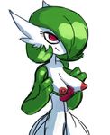  1girl breasts breasts_outside collarbone gardevoir green_hair grin hair_over_one_eye half-closed_eyes hands_up medium_breasts nipples no_humans pokemon pokemon_(creature) pokemon_rse red_eyes saladbomb short_hair simple_background smile solo standing white_background 