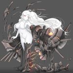  armored_aircraft_carrier_hime beetarp black_background breasts cleavage closed_mouth expressionless eyebrows_visible_through_hair full_body highres horns kantai_collection large_breasts long_hair looking_at_viewer navel shinkaisei-kan solo white_hair white_skin yellow_eyes 