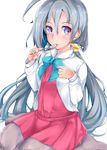  ahoge blue_eyes bow food green_bow grey_hair grey_legwear hair_between_eyes hair_over_one_eye hair_ribbon kantai_collection kinou_no_shika kiyoshimo_(kantai_collection) long_hair looking_at_viewer low_twintails pudding ribbon school_uniform shirt sitting solo spoon twintails very_long_hair wariza white_shirt yellow_ribbon 