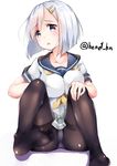  ass black_legwear blue_eyes breasts hair_ornament hamakaze_(kantai_collection) henet_hene kantai_collection large_breasts looking_at_viewer open_mouth panties panties_under_pantyhose pantyhose silver_hair sitting solo thighband_pantyhose underwear 