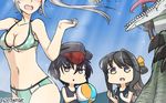  akitsushima_(kantai_collection) ball beachball bikini black_hair blush commentary dated fang hamu_koutarou hat highres i-13_(kantai_collection) kantai_collection long_hair multicolored_hair multiple_girls naganami_(kantai_collection) nishikitaitei-chan pink_hair school_swimsuit short_hair side_ponytail sparkle swimsuit two-tone_hair 