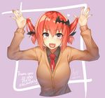  :d bat_hair_ornament fang gabriel_dropout hair_between_eyes hair_ornament hair_rings hands_up heart heart_in_mouth highres kurumizawa_satanichia_mcdowell long_hair looking_at_viewer necktie open_mouth red_eyes red_hair red_neckwear smile solo thank_you tilt-shift twitter_username v-shaped_eyebrows 